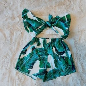 SHEIN Tie Front Tropical Print Tube Top & Shorts Set